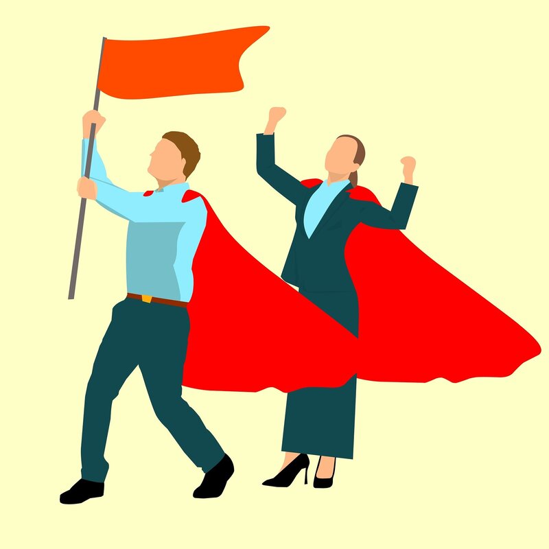 Illustration of two workers wearing superhero capes and holding flag