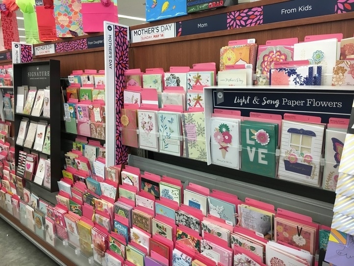 Store racks of Mother's Day cards