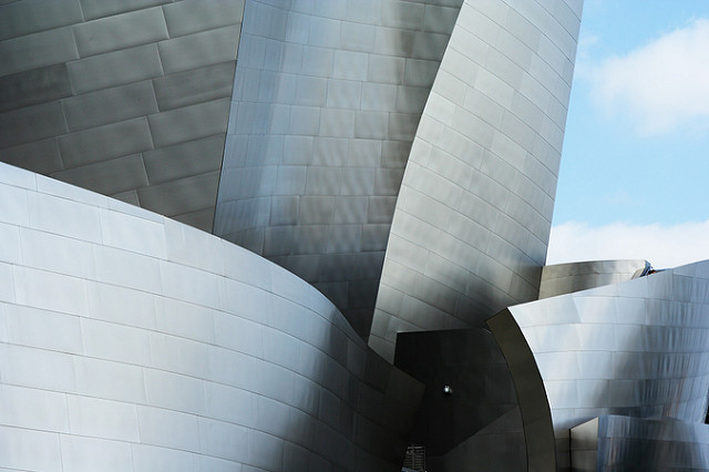 Gehry designed Walt Disney Concert Hall, metal curved building