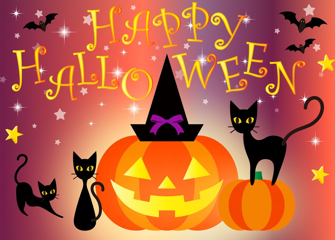 Happy halloween smiling pumpkin and black cats