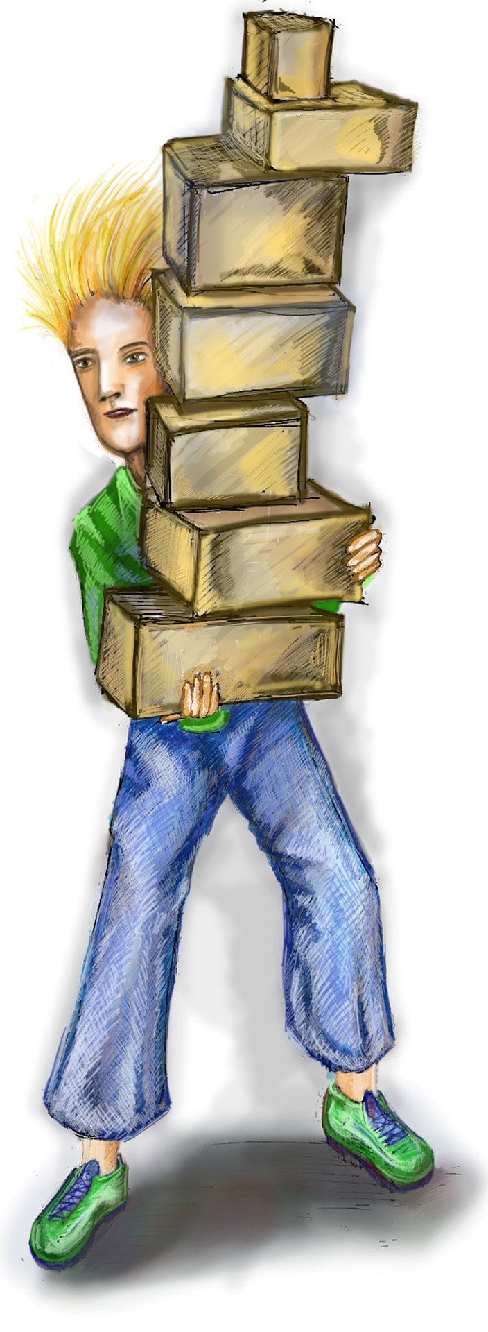 Drawing of man bearing packages about to fall
