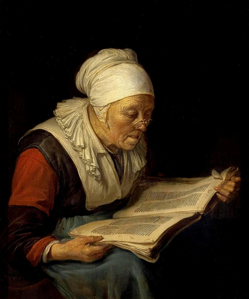 Old woman reading a manuscript