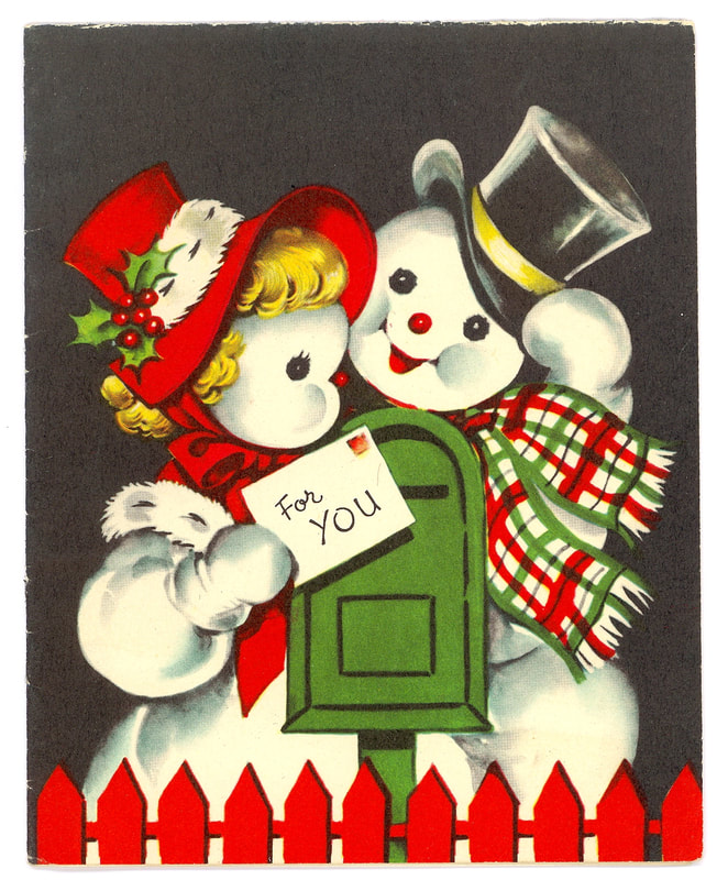 Snowman couple with For You card at mailbox