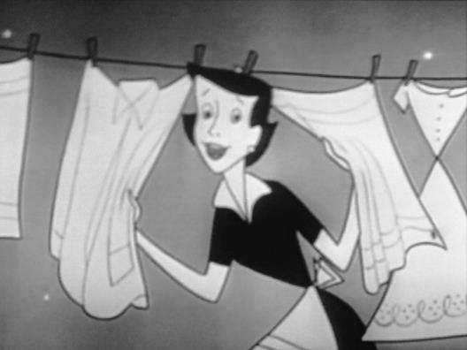 Cartoon woman peeking out from behind hanging laundry