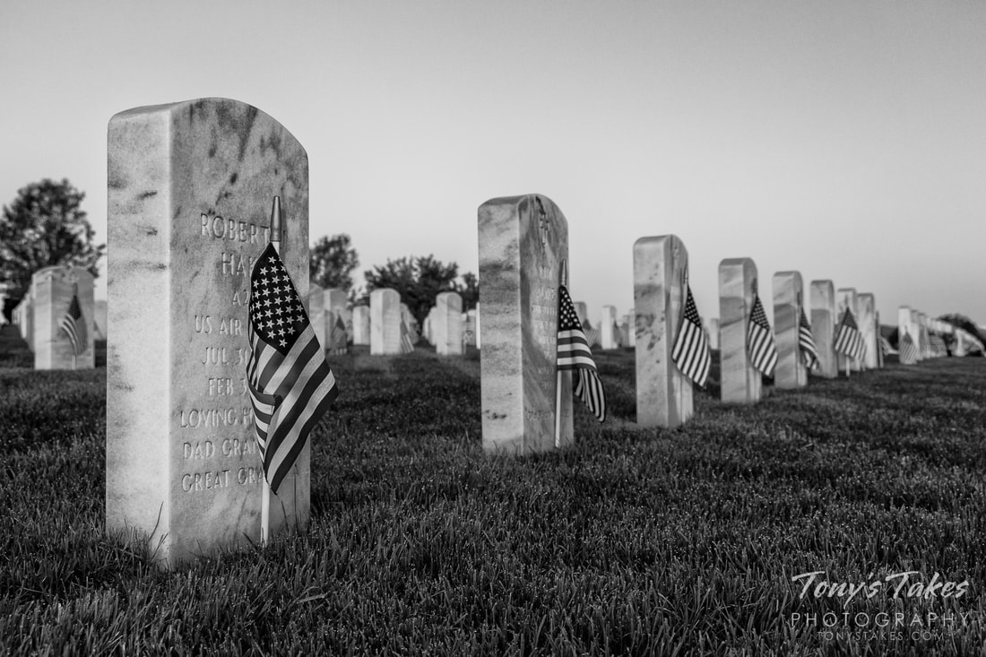 Photo of military headstones with flags